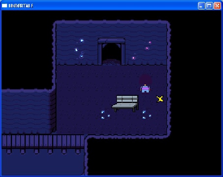 The character is in the same room with their back turned. The ballet shoes are no longer under the bench.